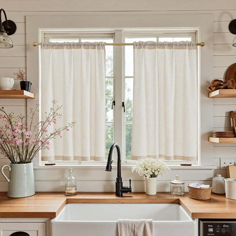 jinchan Beige Linen Kitchen Curtains 36 Inch Tier Curtains Farmhouse Cafe Light Filtering Small Window Drapes Flax Country Rustic Rod Pocket Bathroom Laundry Room RV 2 Panels Crude - Image 1
